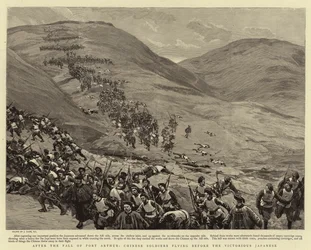 Nach dem Fall von Port Arthur, chinesische Soldaten fliehen vor den siegreichen Japanern